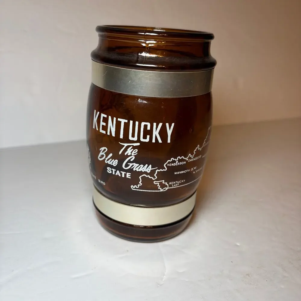 Vintage Souvenir Kentucky Blue Grass State Brown Glass Barrel Mug Wood Handle